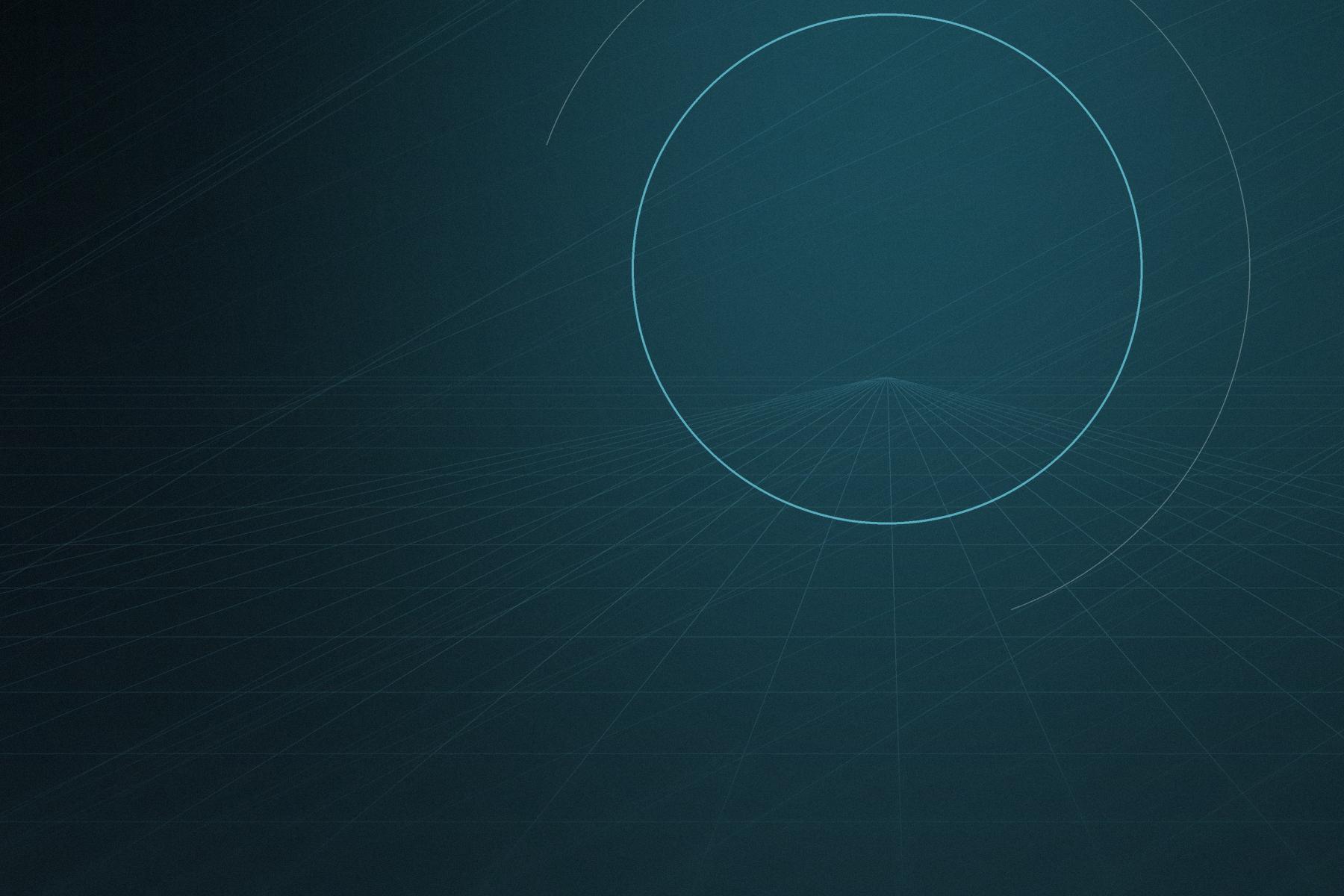 Abstract drawing of a teal circle above a grid receding into a dark field.
