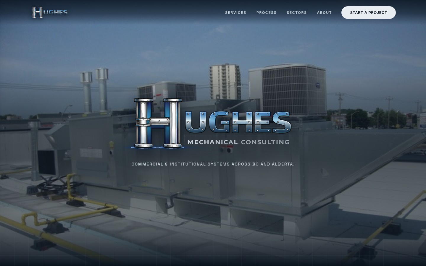 Homepage of the Hughes Mechanical Consulting website, showing the logo over a rooftop mechanical plant.