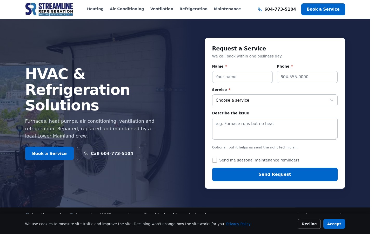 Homepage of the Streamline Refrigeration website, showing the hero section and service request form.